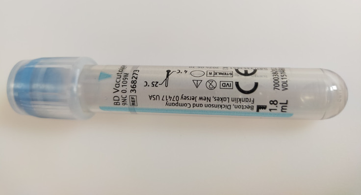 Produkt Vakuumrör koagulation, ljusblå, 5/1,8 mL med Na-citrat