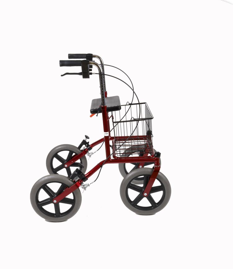 En röd rollator för utomhusbruk