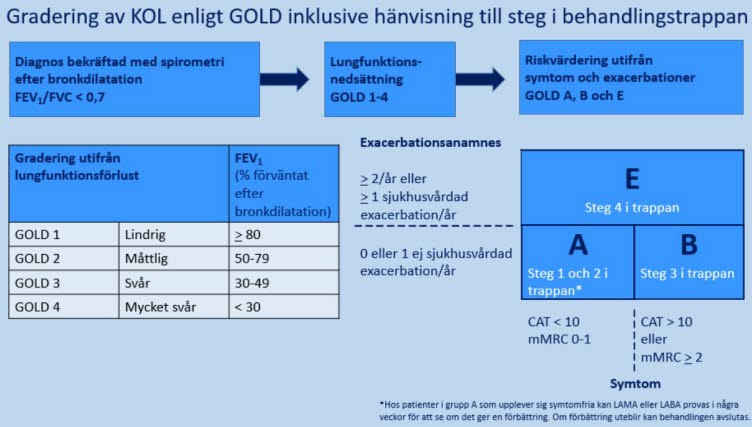 Tabell som visar GOLD - gradering av KOL för vägledning av behandling utifrån följande parametrar